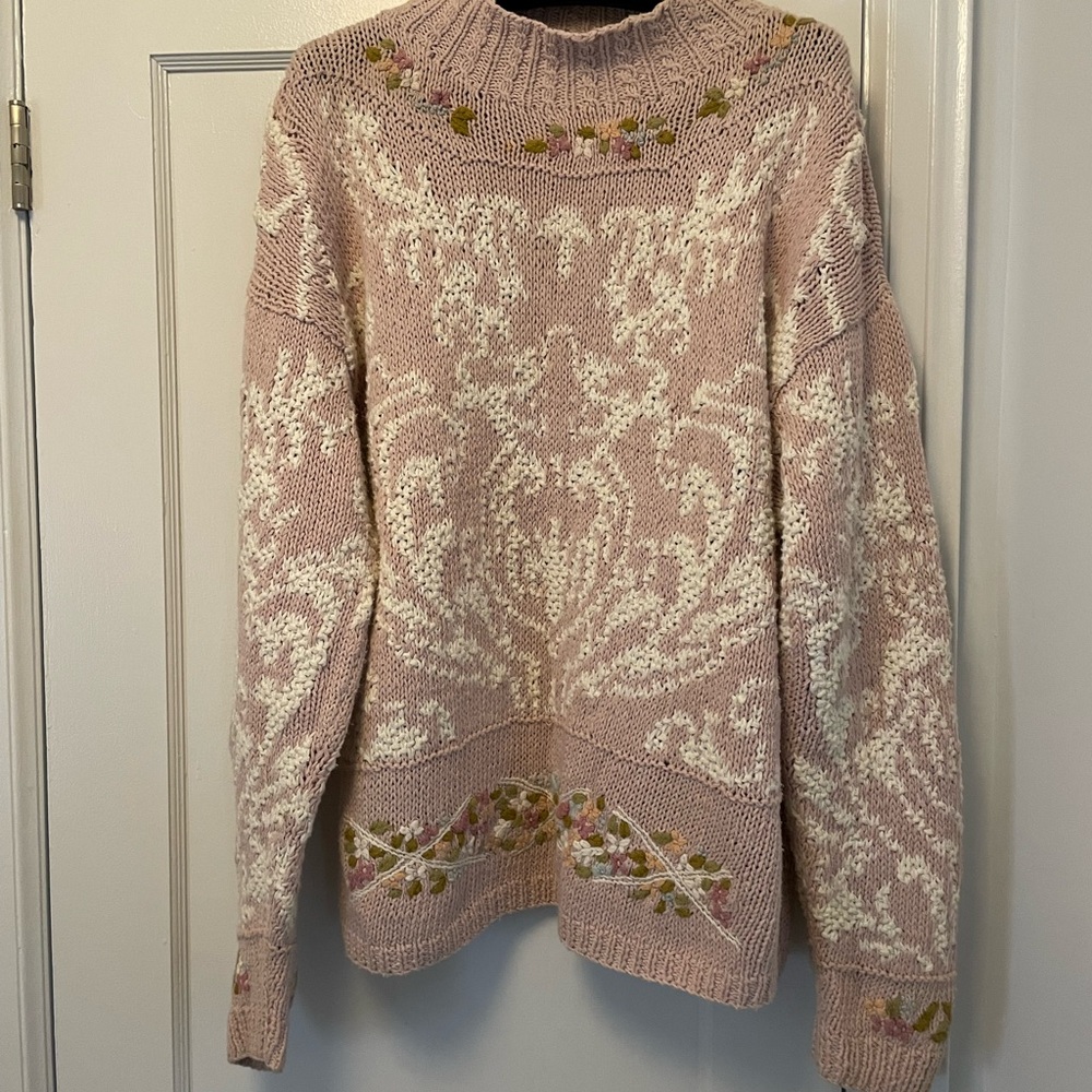 VINTAGE Hand Knit & Embroidered Pink Sweater